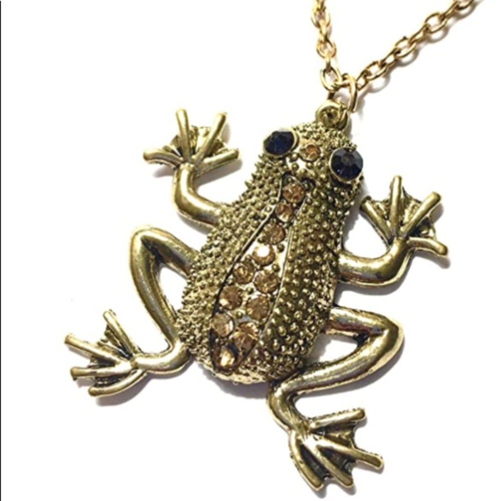 Frog Necklace Gold Tone Topaz Rhinestones